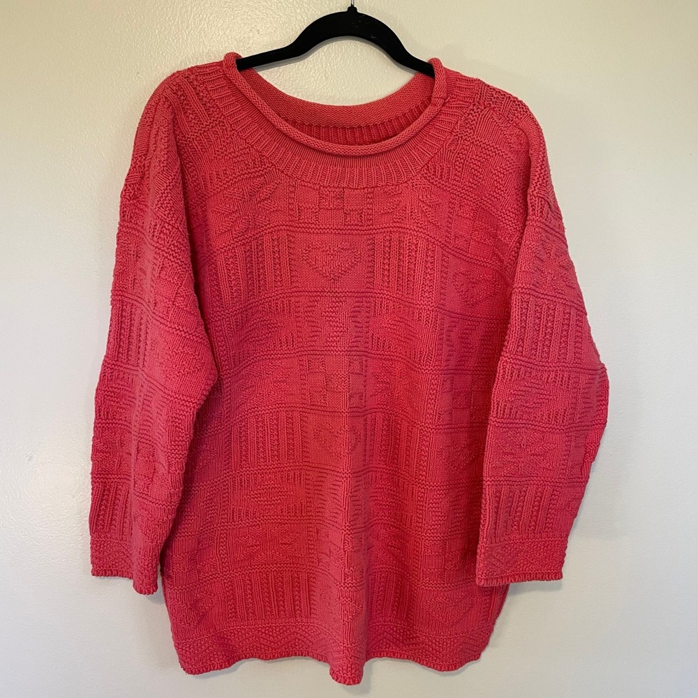 VTG 90s Accordeon SLOUCHY Textured Knit Patchwork Sweater Coral Pink Hearts LG